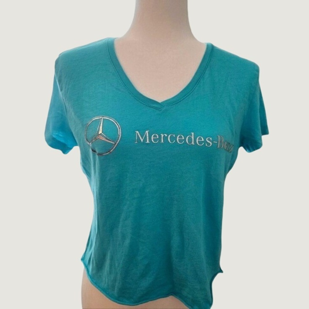 Mercedes Benz Womens V-Neck T-Shirt XL Blue Silver Logo Graphic Cotton Baby Tee
